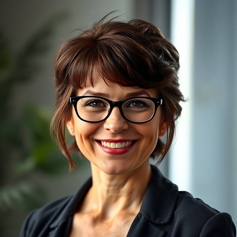 Portrait of Emily Carter, a smiling woman with brown hair and glasses