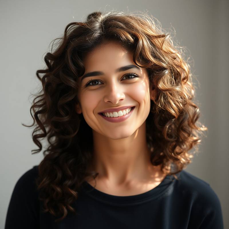 Portrait of Olivia Martinez, a smiling woman with curly brown hair